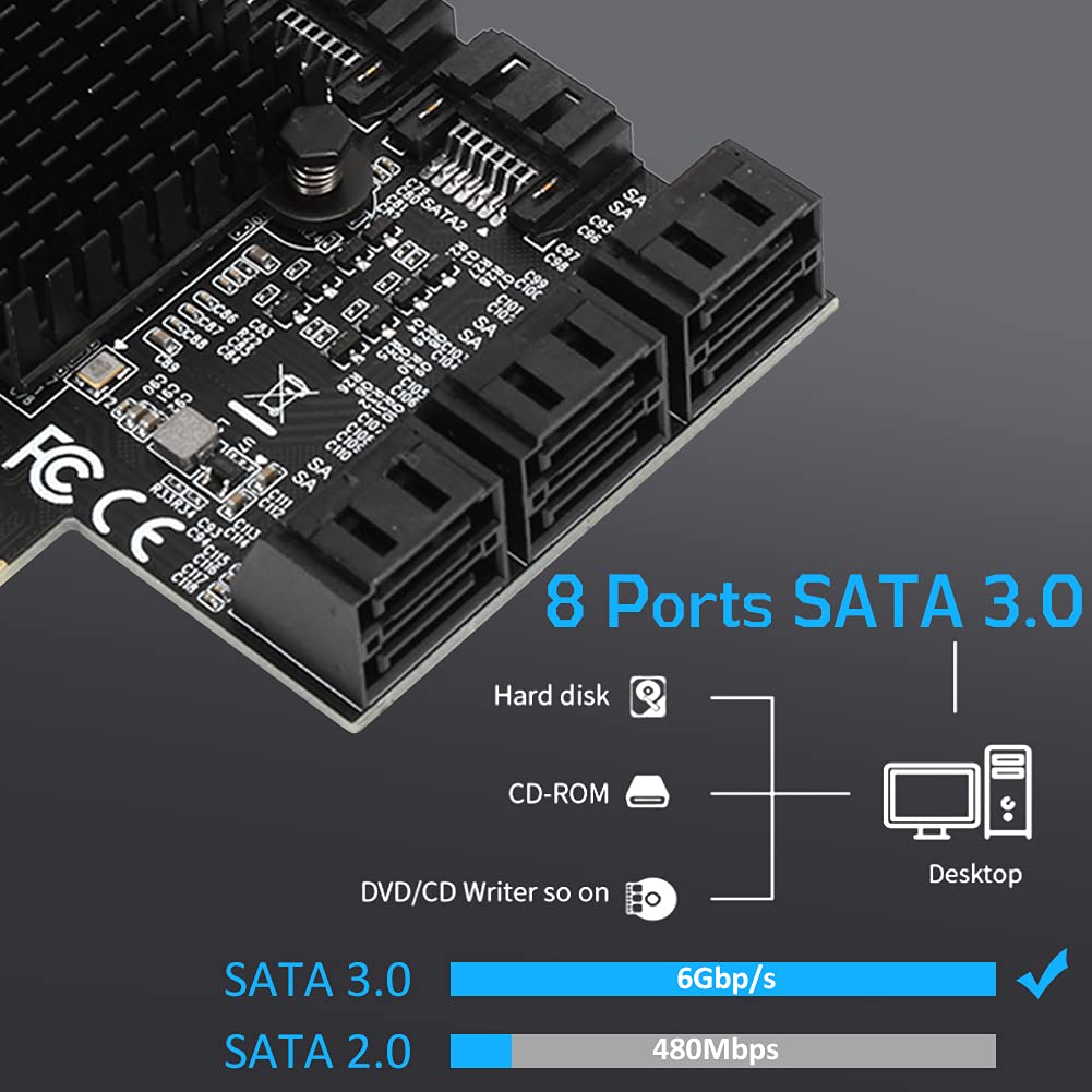 Heayzoki 8 Ports Pci E To Sata 3.0 Card,Pci Express Pci E Expansion Card,Pci E To Sata3.0 Controller Expansion Board,For Windows
