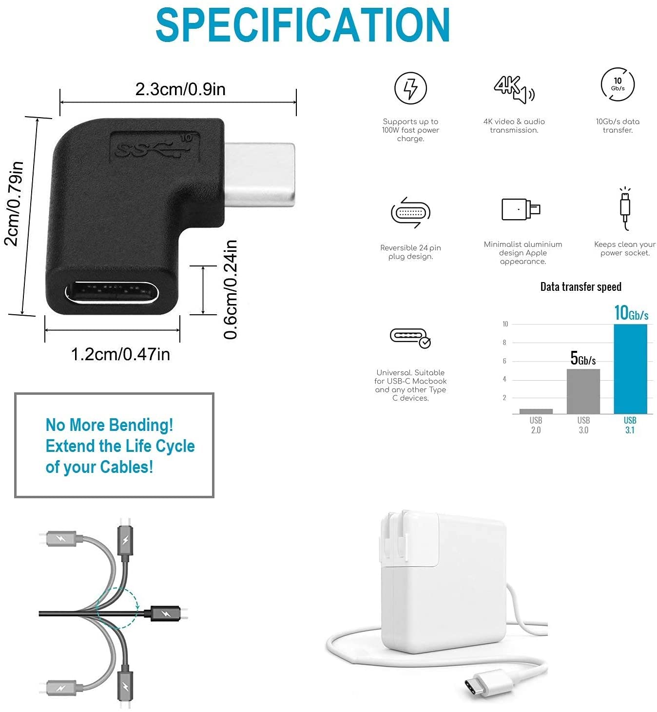 Godspin Usb C Angle Adapter [2 Pack] 90 Degree Usb C Type C Male To Female Adapter, Right & Left Angled Usb C Usb 3.1 Type C Extension For Laptop & Tablet (Usb C 90 Deg Left/Right, Black)
