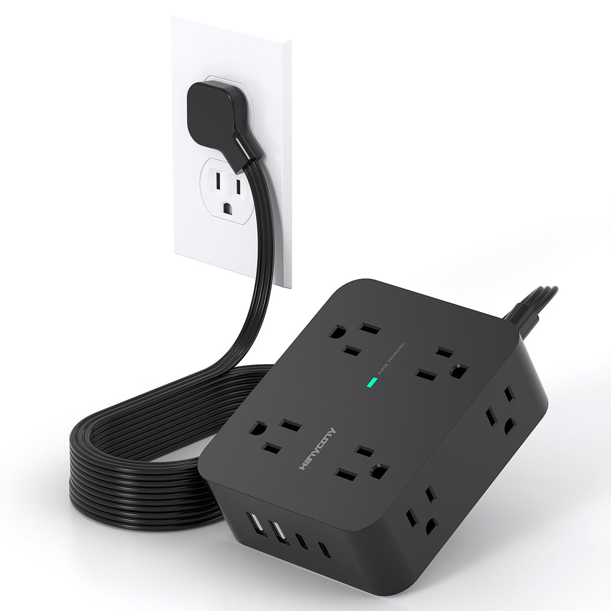 10 Ft Power Strip Long Cord, Extension Cord Surge Protector With Flat Plug, 8 Outlets 4 Usb Charging Station(2 Usb C), Wall Mult