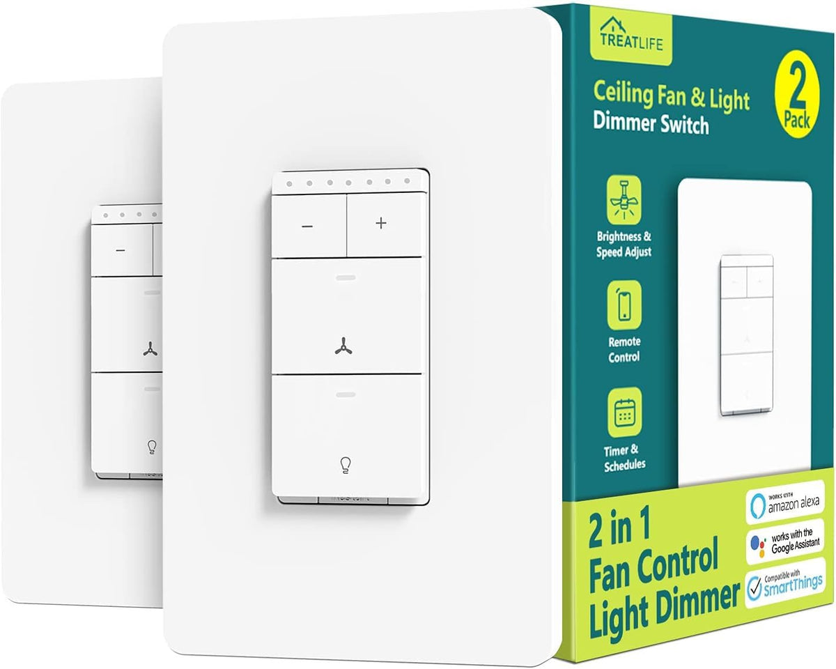 Treatlife Smart Ceiling Fan Control And Dimmer Light Switch 2Pack, Neutral Wire Needed, 2.4Ghz Single Pole Wi Fi Fan Light Switc
