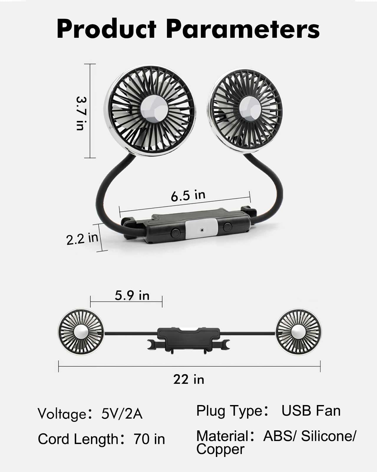 Nauttxon Hose Car Fan For Backseat Kids With Led Lights, Usb Fan For Backseat Of Car, Independent Control 3 Speeds 360Rotatable