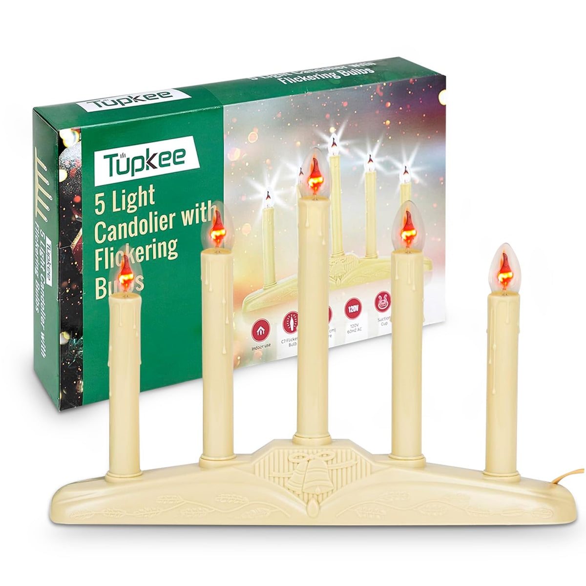 Tupkee Christmas Candolier Window Candles - With Flickering Bulbs - 5-Lights Indoor - Flameless Electric Window Candles Candelab