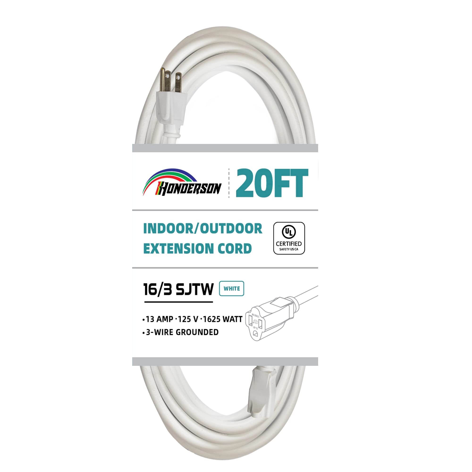 Honderson Indoor Outdoor Extension Cord Weatherproof, Ul Listed, 16 Gauge 20Ft White 3 Prong Heavy Duty, 16/3 Sjtw 13A Power Cor