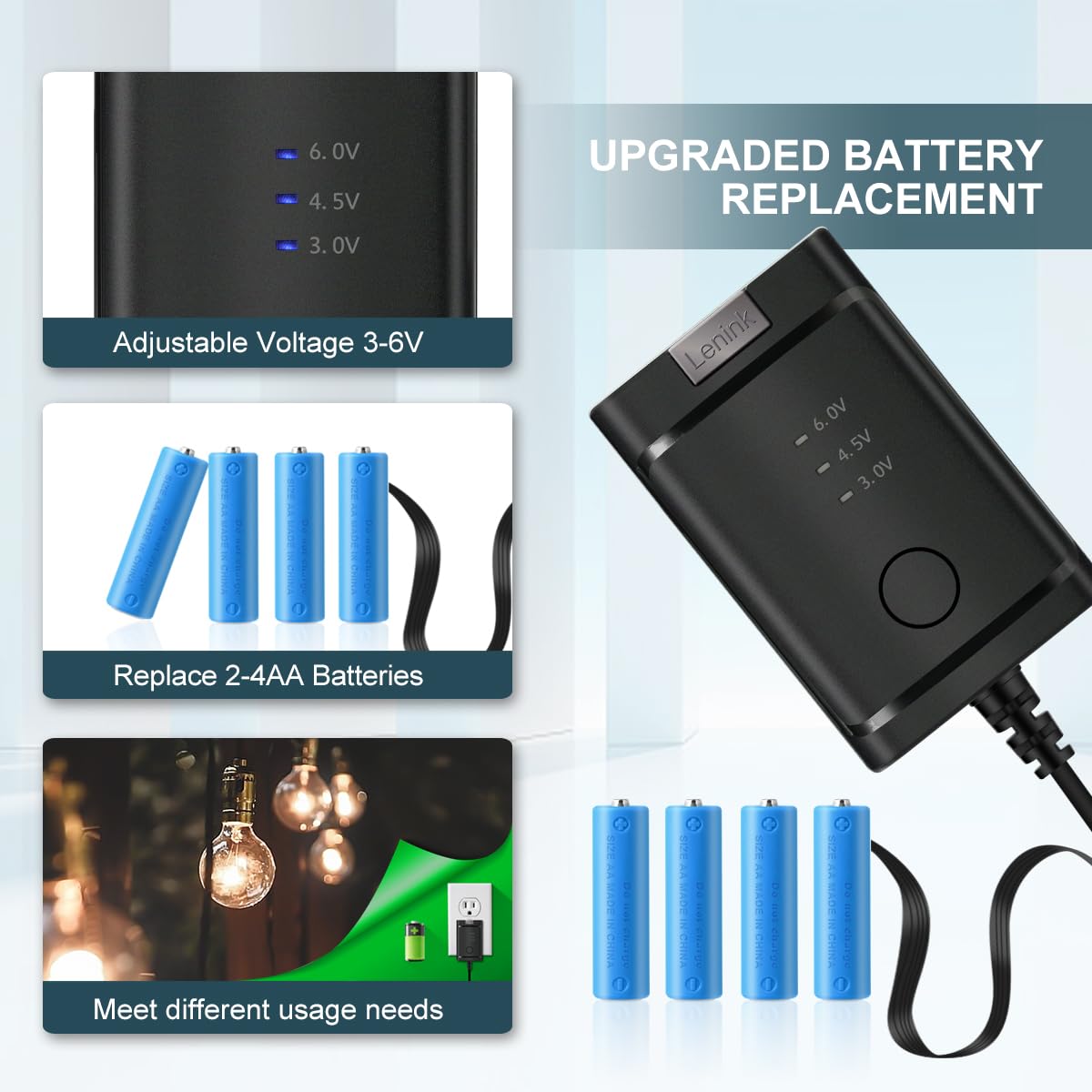 Lenink Adjustable Ac Power Supply Adapter For 2 Aa 3 Aa 4 Aa Batteries, 3V, 4.5V, 6V, Aa Battery Replacement Adapter For Led Lights, Decorations (Black)