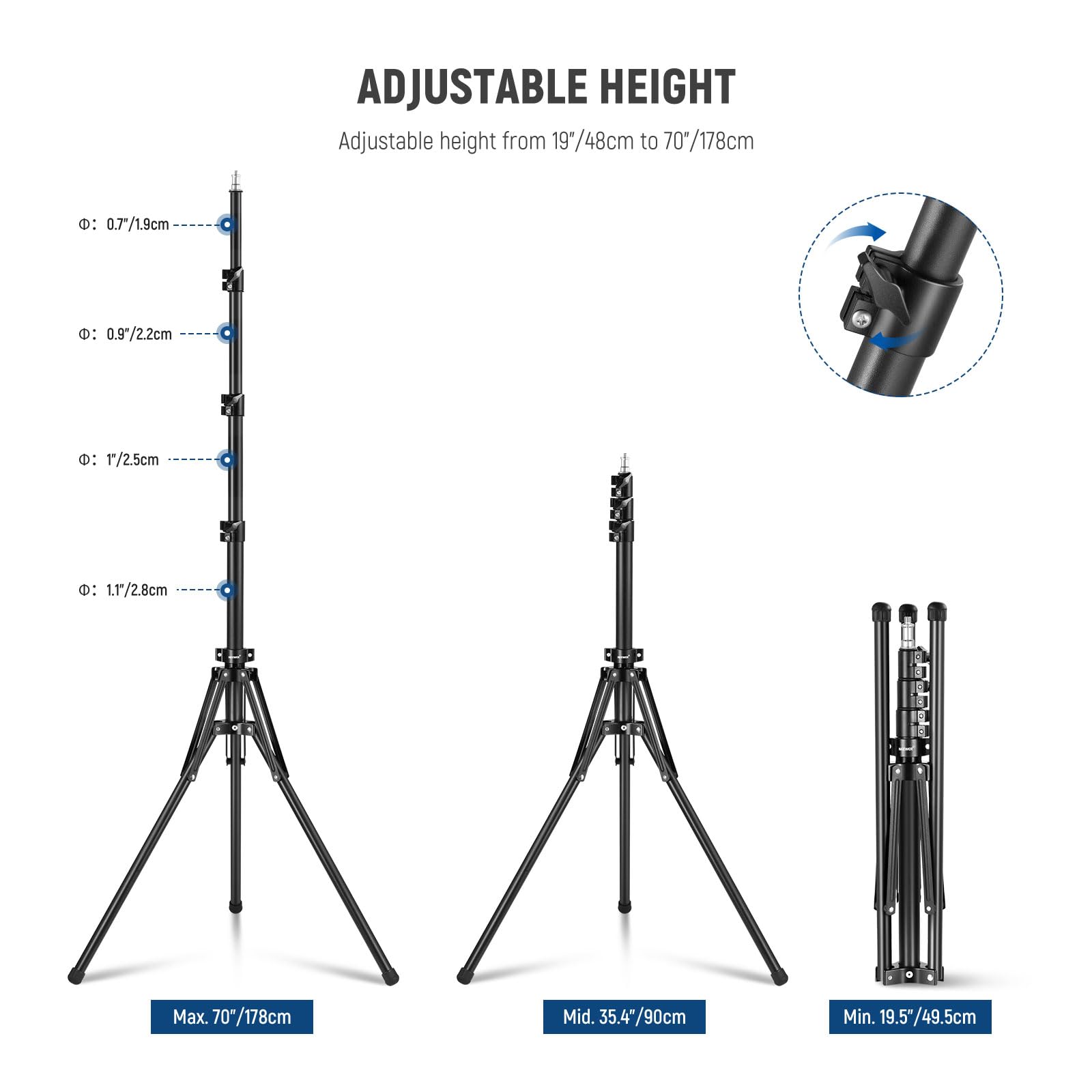 Neewer Light Stand All Metal With 180 Reversible Legs, 70/178Cm Portable Travel Tripod Stand 1/4 Screw & 5/8 Stud For Indoor Out