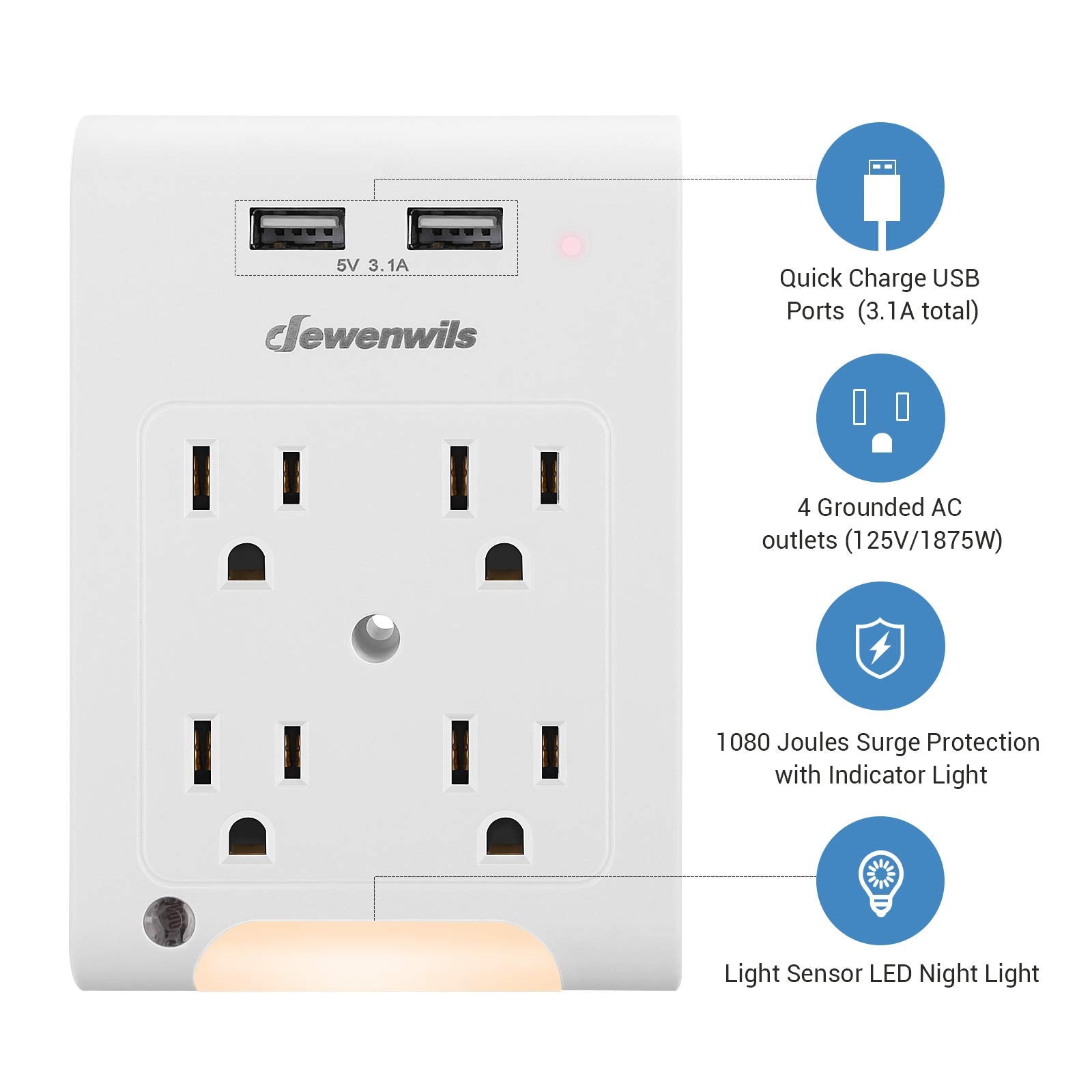 Dewenwils 4 Outlet Extender, Wall Outlet Adapter With 2 Usb Ports(3.1A Total), Light Sensor Night Light, 1080 Joules Surge Prote
