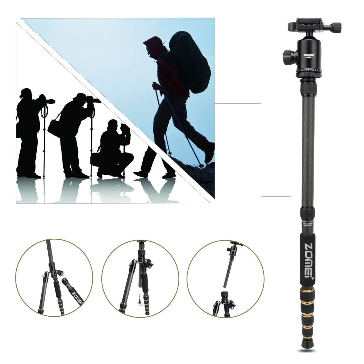 Zomei Z669C Carbon Fiber Portable Tripod With Ball Head Compact Travel For Canon,Sony, Nikon, Samsung, Panasonic, Olympus, Kodak
