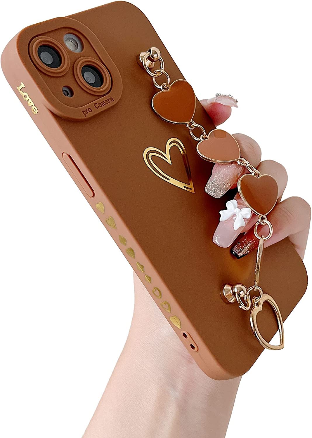 Caseative For Iphone 14 Case,Cute Love Heart Wrist Strap Chain Bracelet Phone Case (Brown)