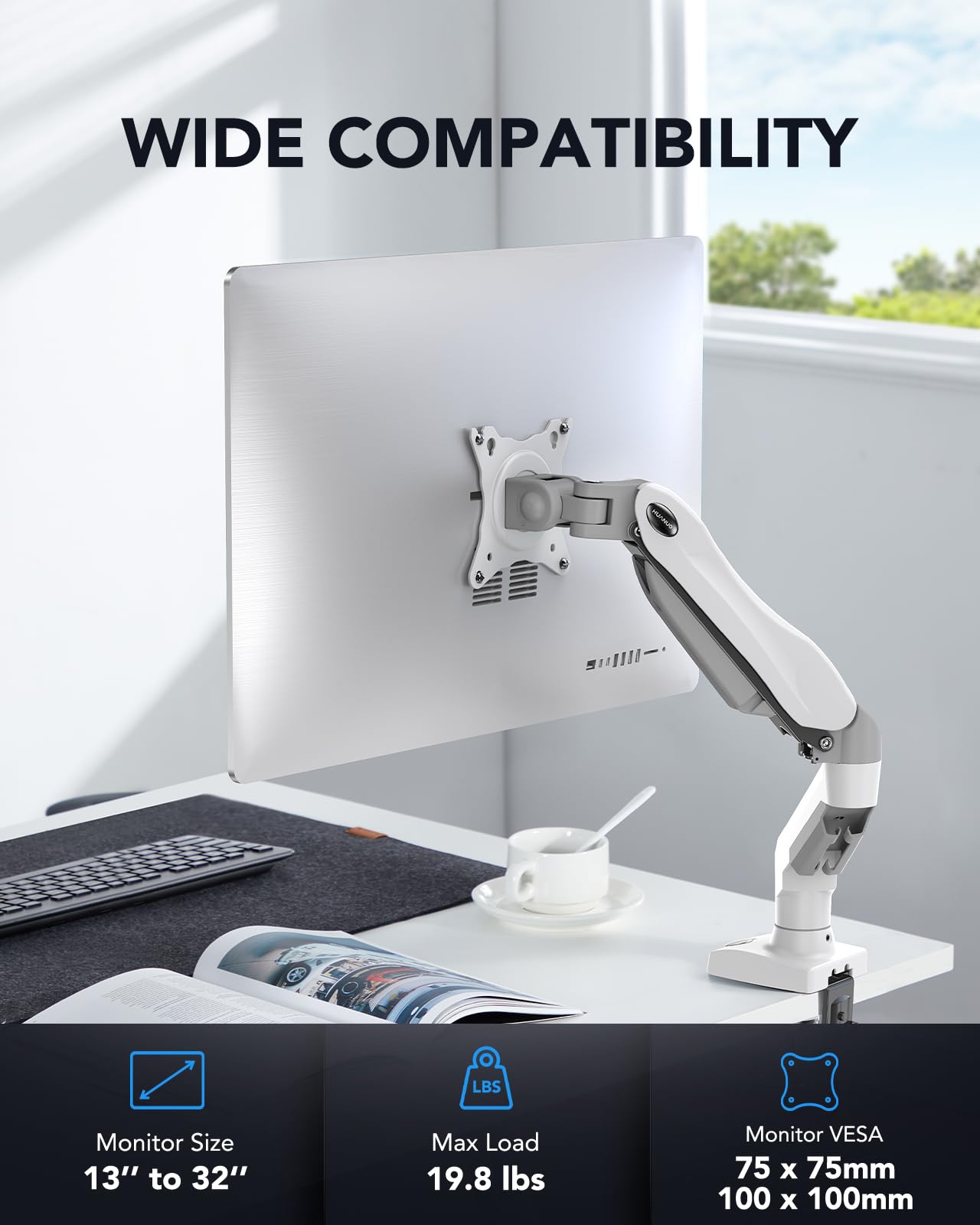 Huanuo Single Monitor Mount, 13 To 32 Inch Gas Spring Monitor Arm, Adjustable Stand, Vesa Mount With Clamp And Grommet Base   Fits 4.4 To 19.8Lbs Lcd Computer Monitors