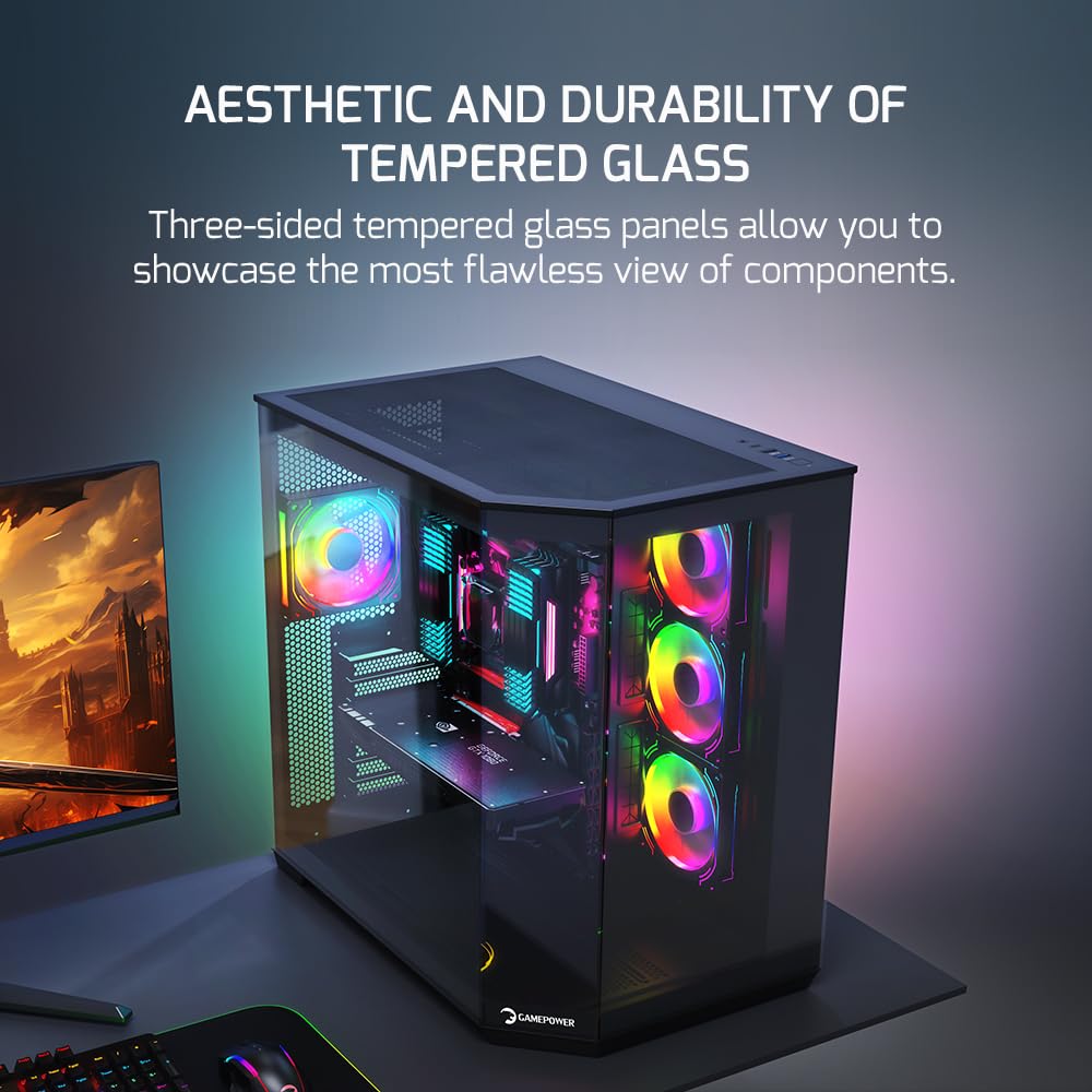 Gamepower Warcry Edge Mid Tower Atx Gaming Pc Case, Elegant Design, Dual Compartment Tempered Glass, Includes 1X Pwm Fan, Type C