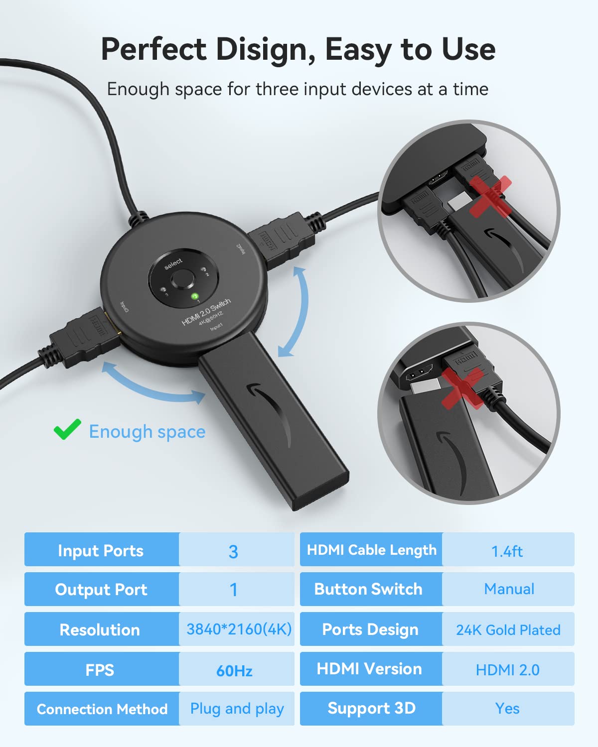 Hdmi Switch 4K 60Hz, 3 In 1 Out Hdmi Splitter For Hdtv/Xbox/Ps5/Fire Stick/Dvd Player/Ps4/Ps3 4K 1080P 3D, Meofia Hdmi Hub 3 Por