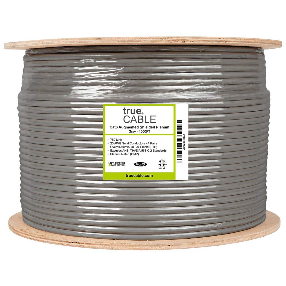 Truecable Cat6A Shielded Plenum (Cmp), 1000Ft, Gray, 23Awg Solid Bare Copper, 750Mhz, Poe++ (4Ppoe), Etl Listed, Overall Aluminum Foil Shield (F/Utp), Bulk Ethernet Cable