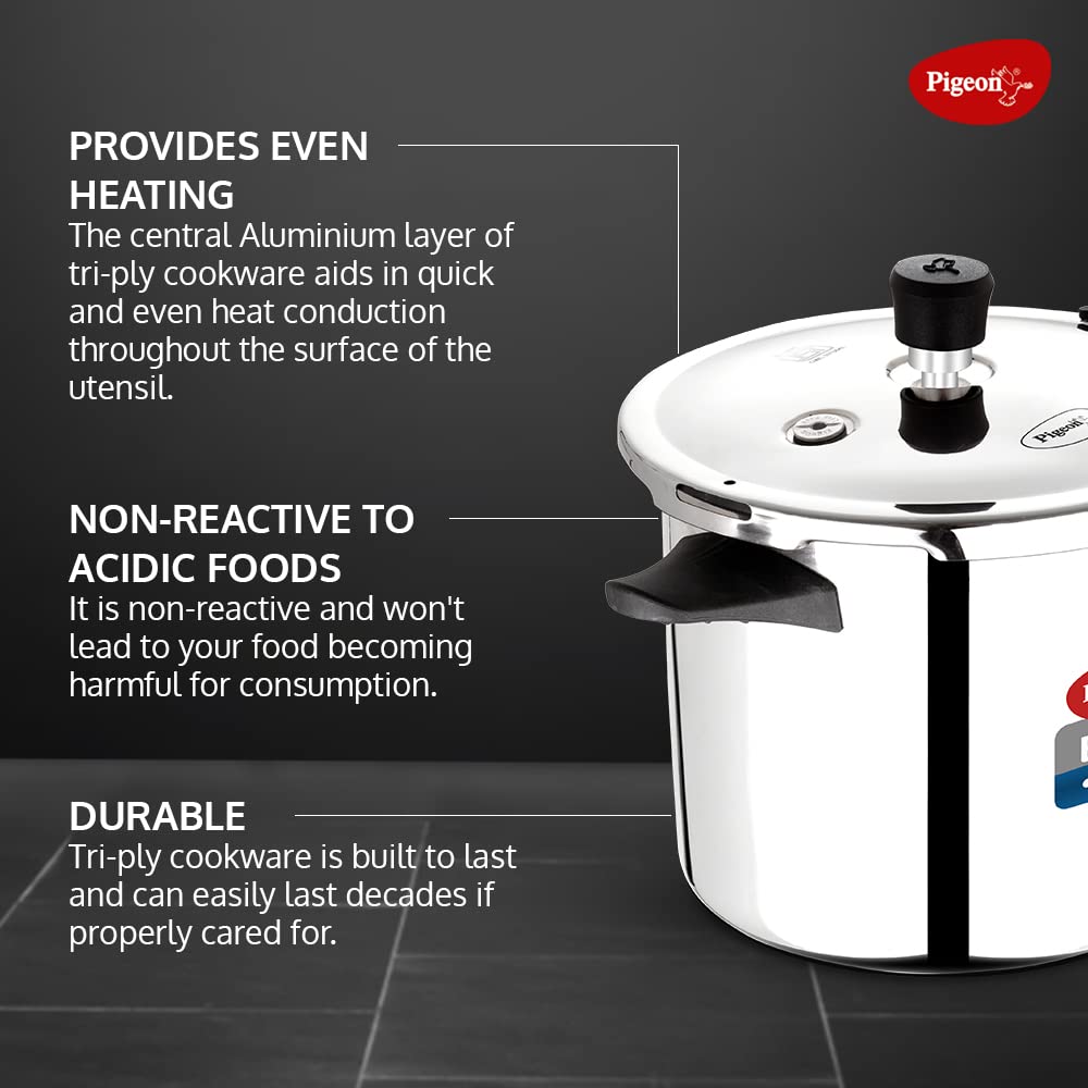 Pigeon Elite Tri Ply Stainless Steel Body Outer Lid Pressure Cooker Induction And Gas Stove Compatible 3 L   Silver