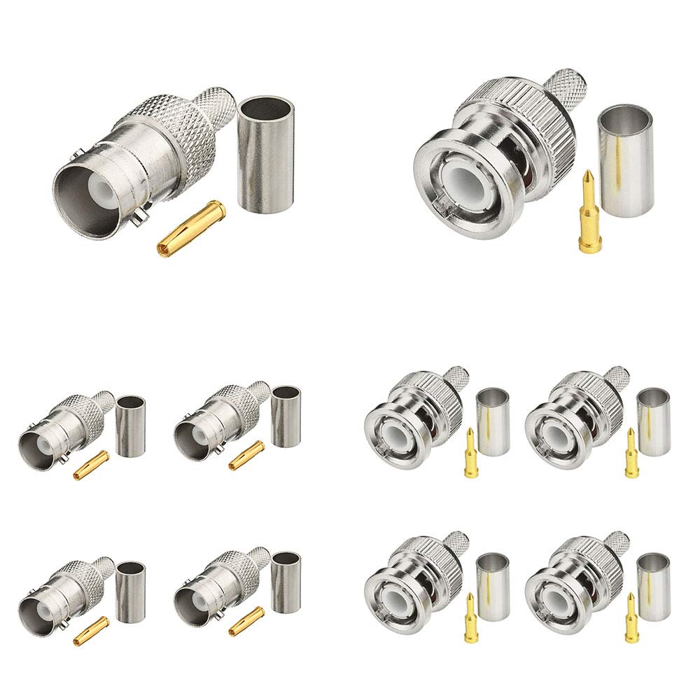 SUPERBAT BNC Crimp Connectors Kit BNC Male + BNC Female Crimp Solder Attachment Connector Kit for RG58 RG303 RG223 RG142 RG400 LMR195 Low Loss Coax Cable(10 Pack in Total)