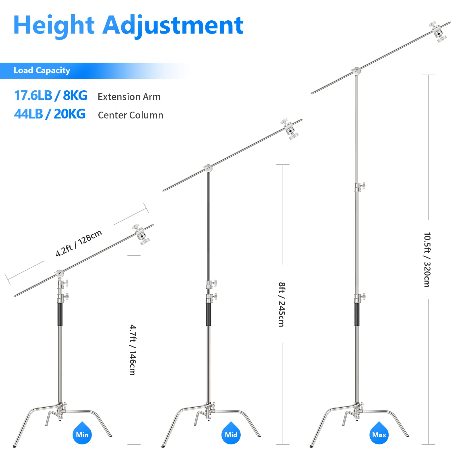 Neewer Pro 100% Stainless Steel Heavy Duty C Stand With Boom Arm, Max Height 10.5Ft/320Cm Photography Light Stand With 4.2Ft/128