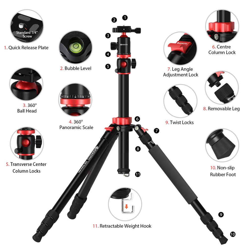 Geekoto Camera Tripod, Tripod For Dslr Camera, Aluminum Tripod With 360 Degree Ball Head And Rotatable Center Column, Bag,Video Camcorder Tripod,75 Inch Professional Tripod For Travel And Work.