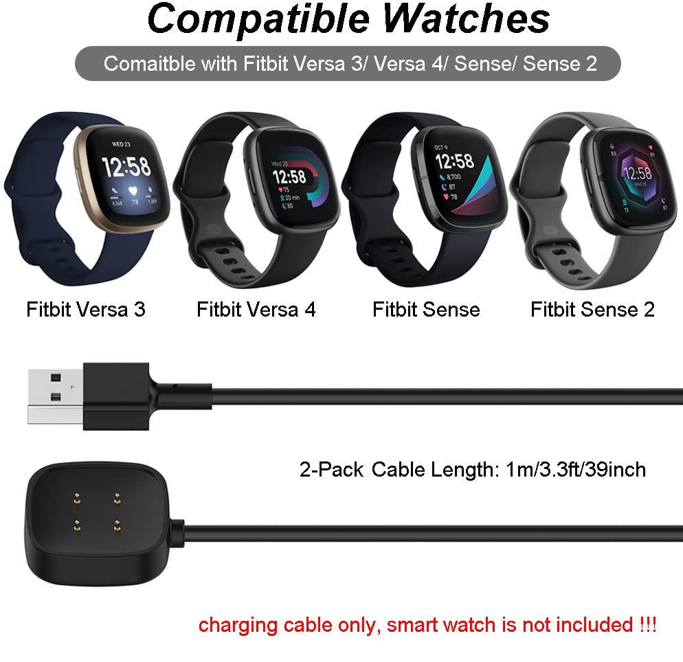Charger For Fitbit Sense/Sense 2/Versa 3/Versa 4, Replacement Usb Charging Cable Cord For Fitbit Smart Watch [3.3Ft/100Cm] (2)