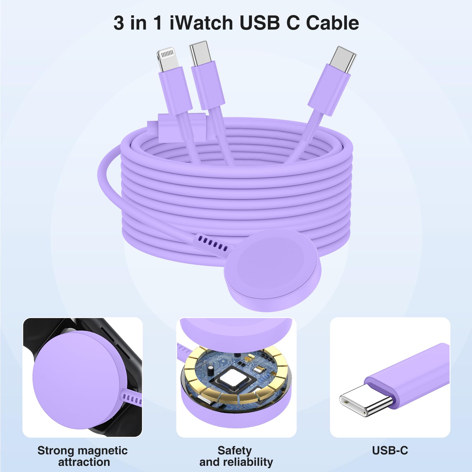 QZIIW 3-in-1 USB-C Magnetic Charging Cable for Apple Watch iPhone iPad 6 FT Purple