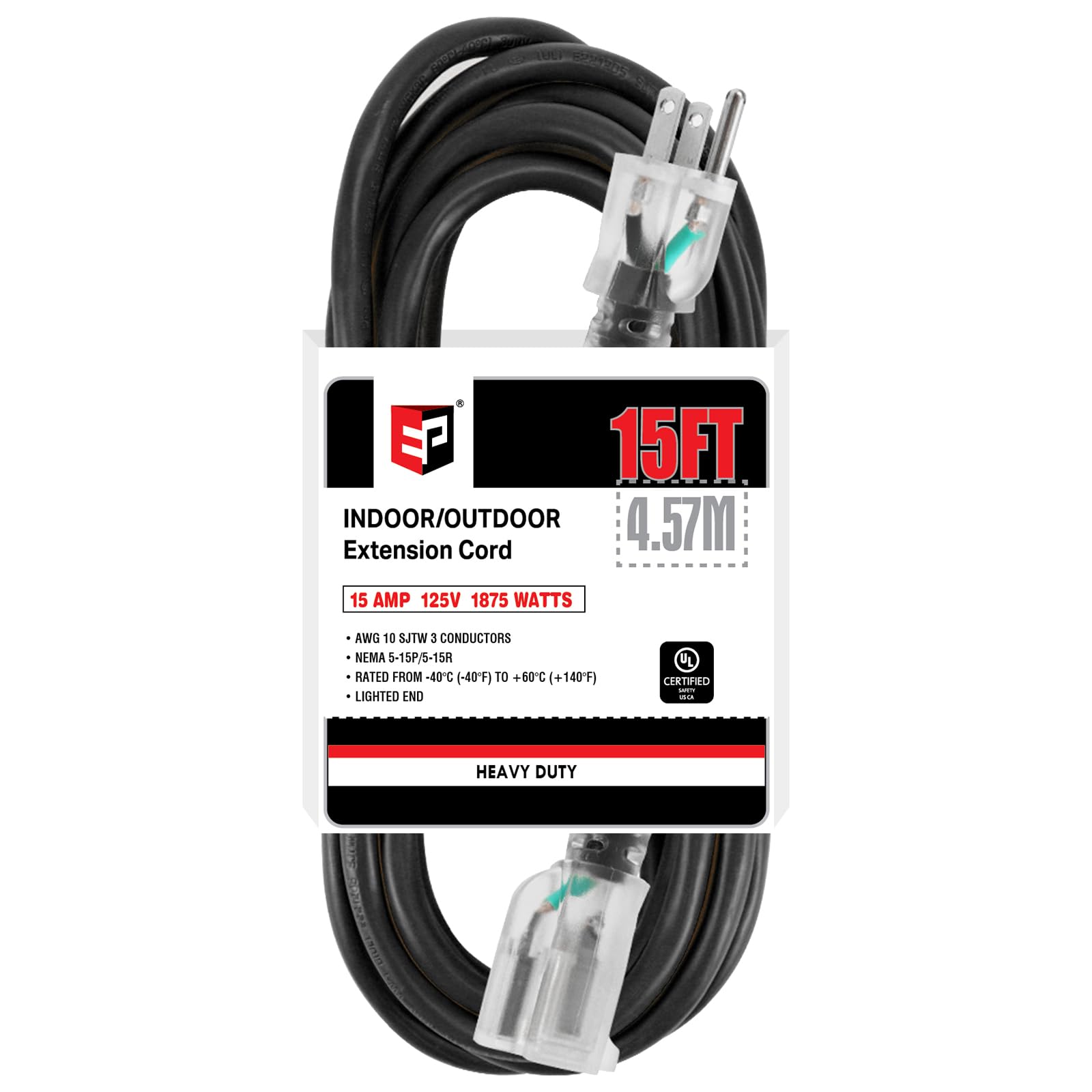 Ep 15 Ft Lighted Outdoor Extension Cord   10/3 Sjtw Heavy Duty Black Extension Cable With 3 Prong Grounded Plug For Safety, Ul L