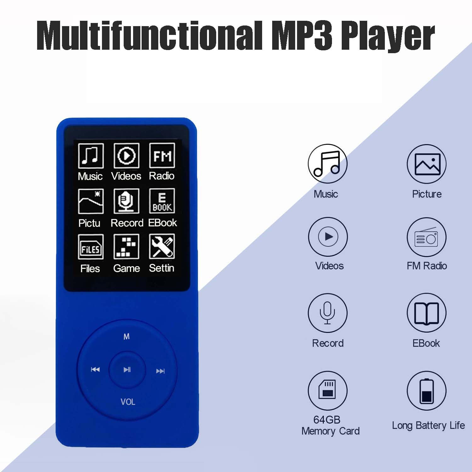 64Gb Mp3 Player With Speaker Earphones Portable Music Player For Kids Support Music/Picture/Video/Voice Recording/E Book Blue