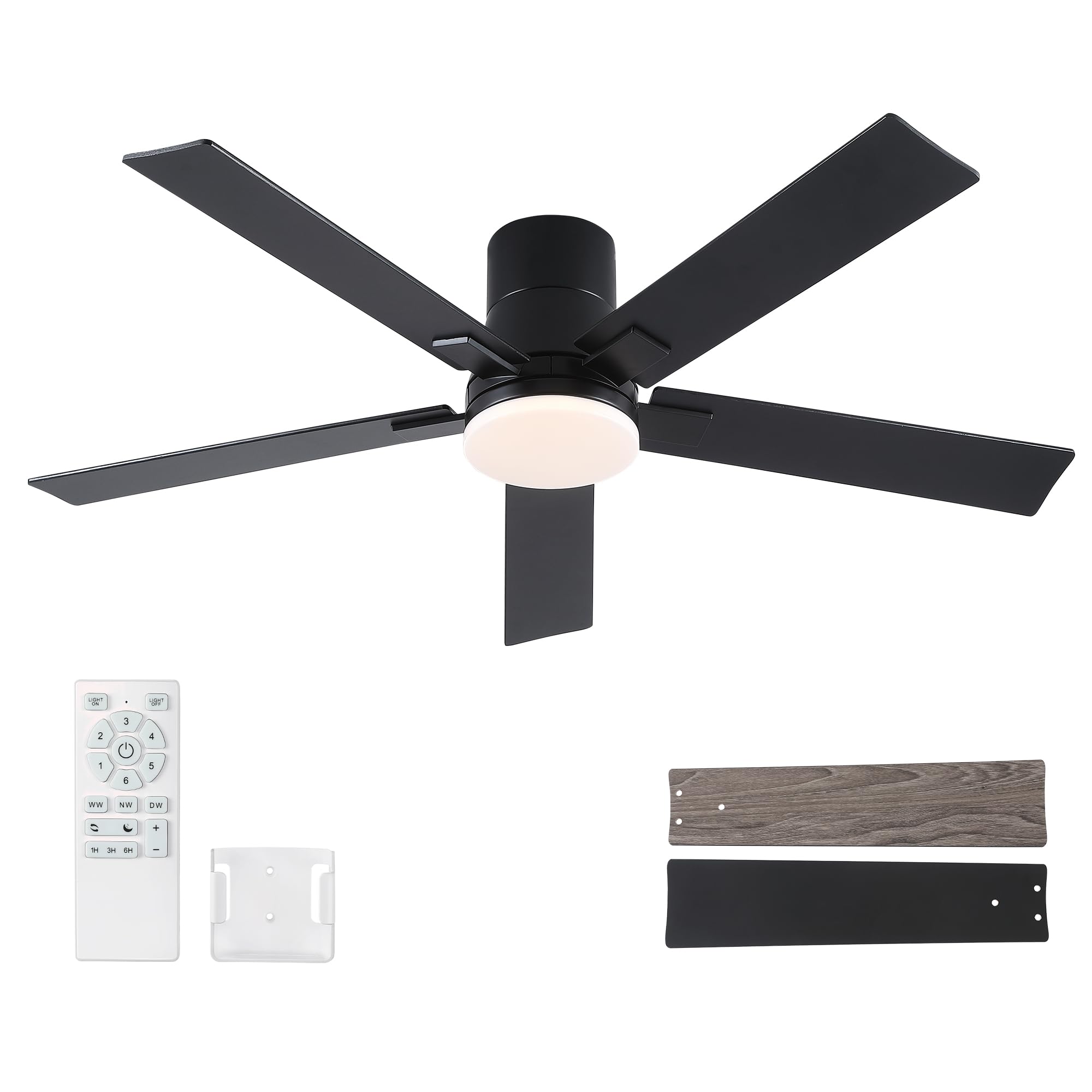 52 Inch Ceiling Fans With Lights And Remote,Flush Mount Black Ceiling Fan With 5 Blades,6 Speed Reversible Dc Motor,3Cct Dimmabl