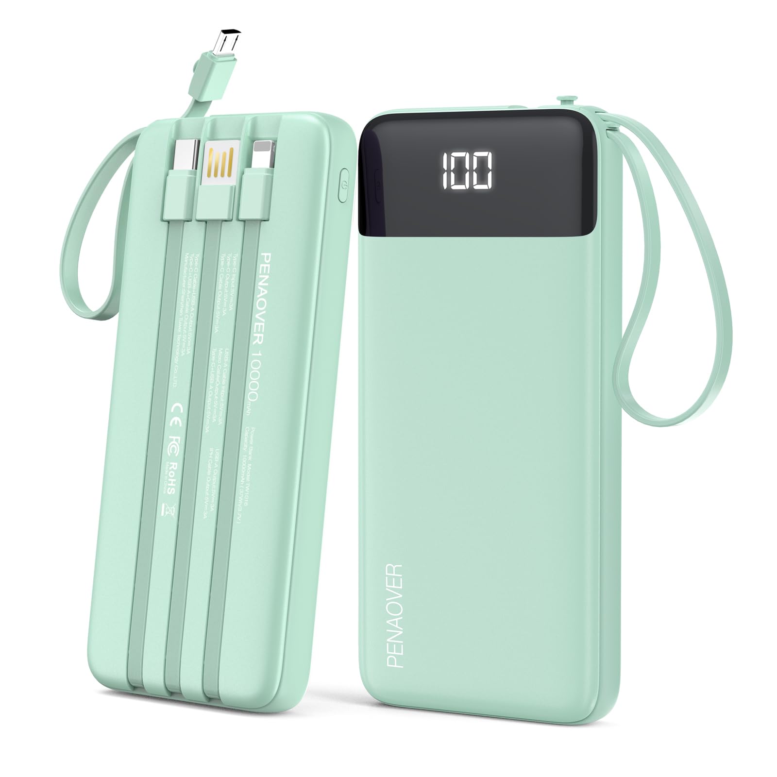 penaover Portable Charger 10000mAh Power Bank with Built-in Cable, 5 Output 2 Input Travel Essential External Battery Pack with 