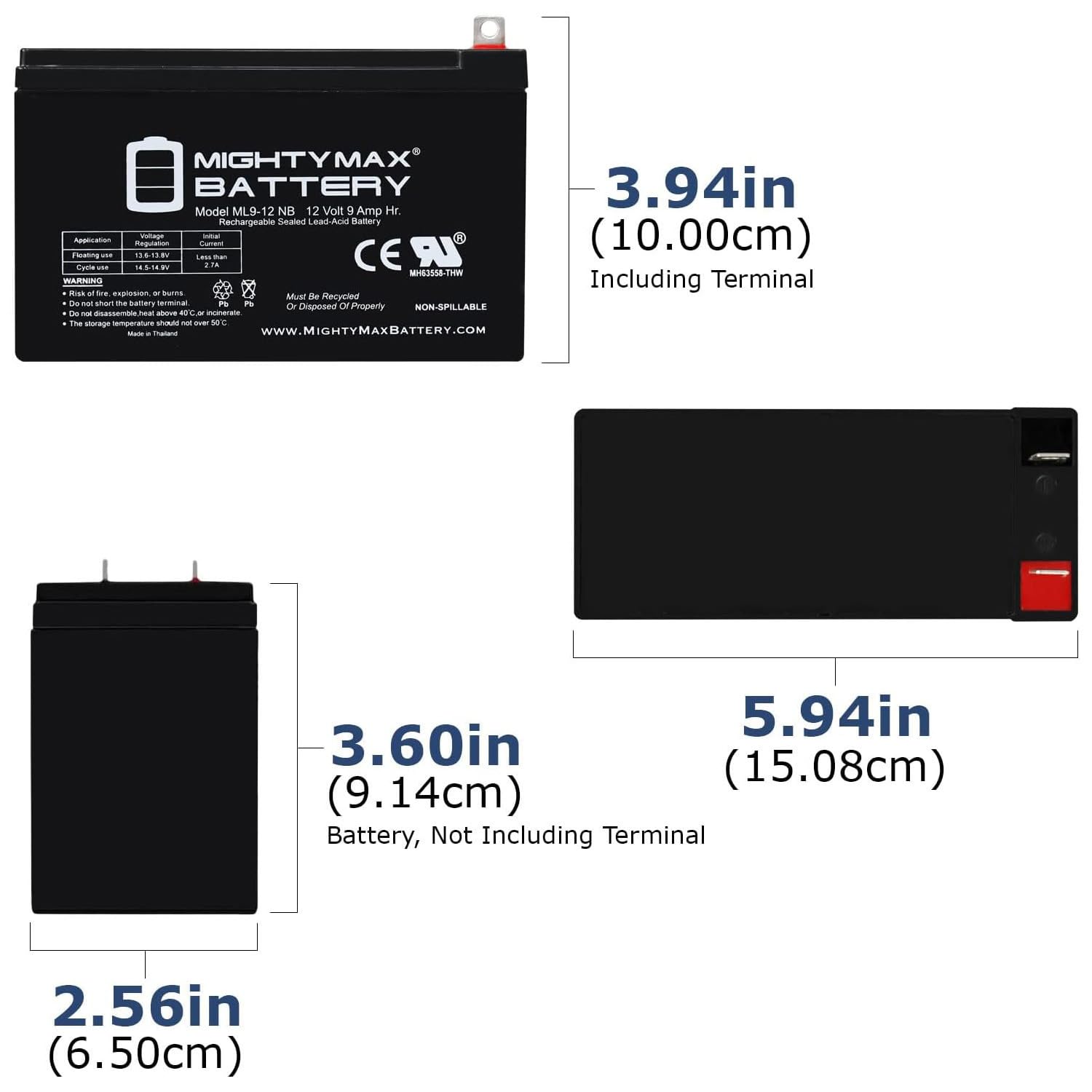 Mighty Max Battery ML9-12NB 12V 9AH SLA AGM Rechargeable Battery Nut and Bolt Terminal Black