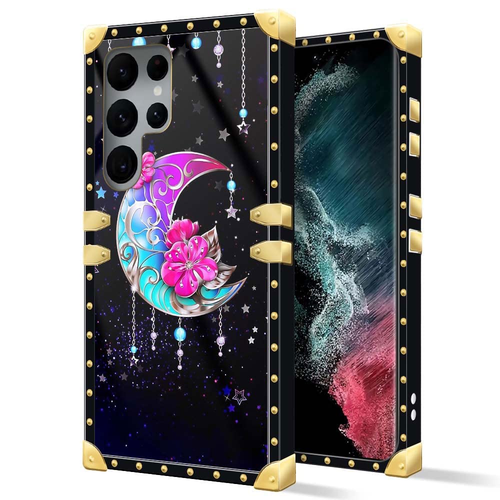 Daizag Compatible With Samsung Galaxy S22 Ultra,B Flower Moon Square Case Luxury Elegant Women Girls Metal Decoration Corner Cla
