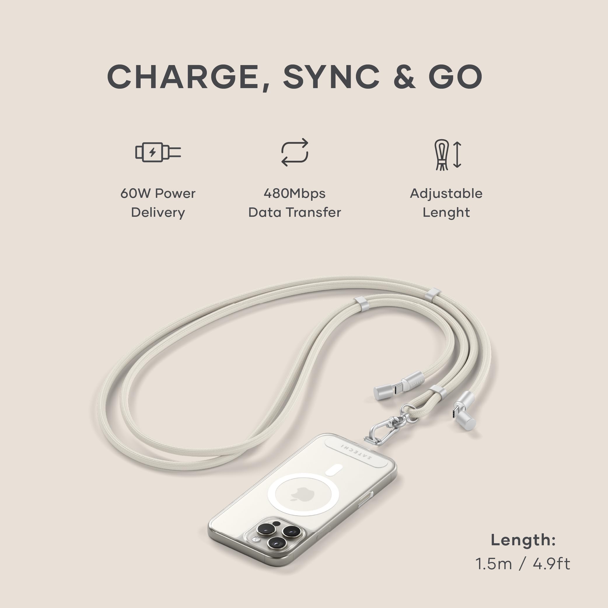 Satechi Onthego Usb-C Lanyard Cable, 60W Fast Charging, 480Mbps Data Transfer, Built-In Crossbody Strap, Adjustable 1.5M / 4.9Ft