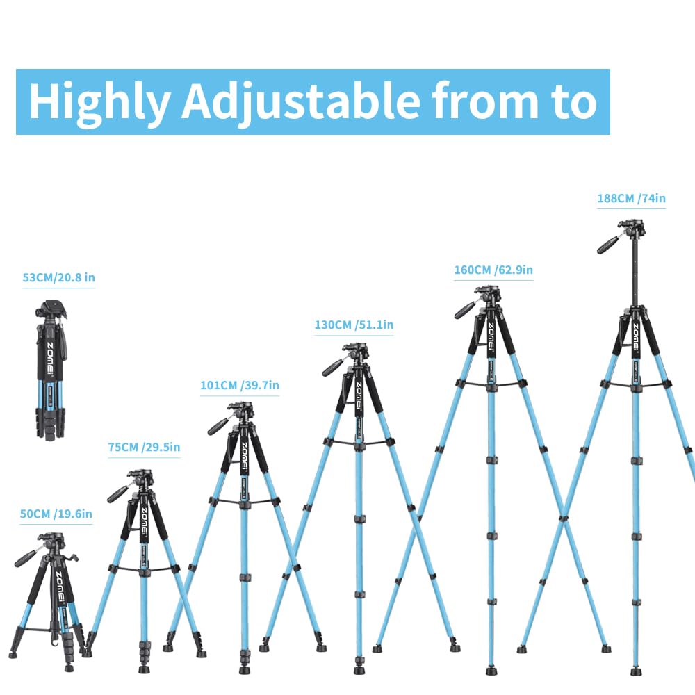 74 Inch Heavy Duty Tripod Stand For Cameras, Cell Phones, Projectors, Webcams, Spotting Scopes   Complete Unit For Canon, Nikon, Sony   Perfect For Phone & Camera Photography(Blue)