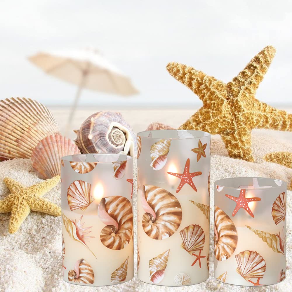 Dromance Seashell Battery Operated Flameless Flickering Candles With Remote Timer 3D Wick Flickering Glass Led Pillar Candles Di