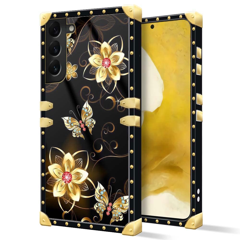 Daizag Compatible With Samsung Galaxy S22,B Golden Garden Butterfly Square Case Luxury Elegant Women Girls Metal Decoration Corn