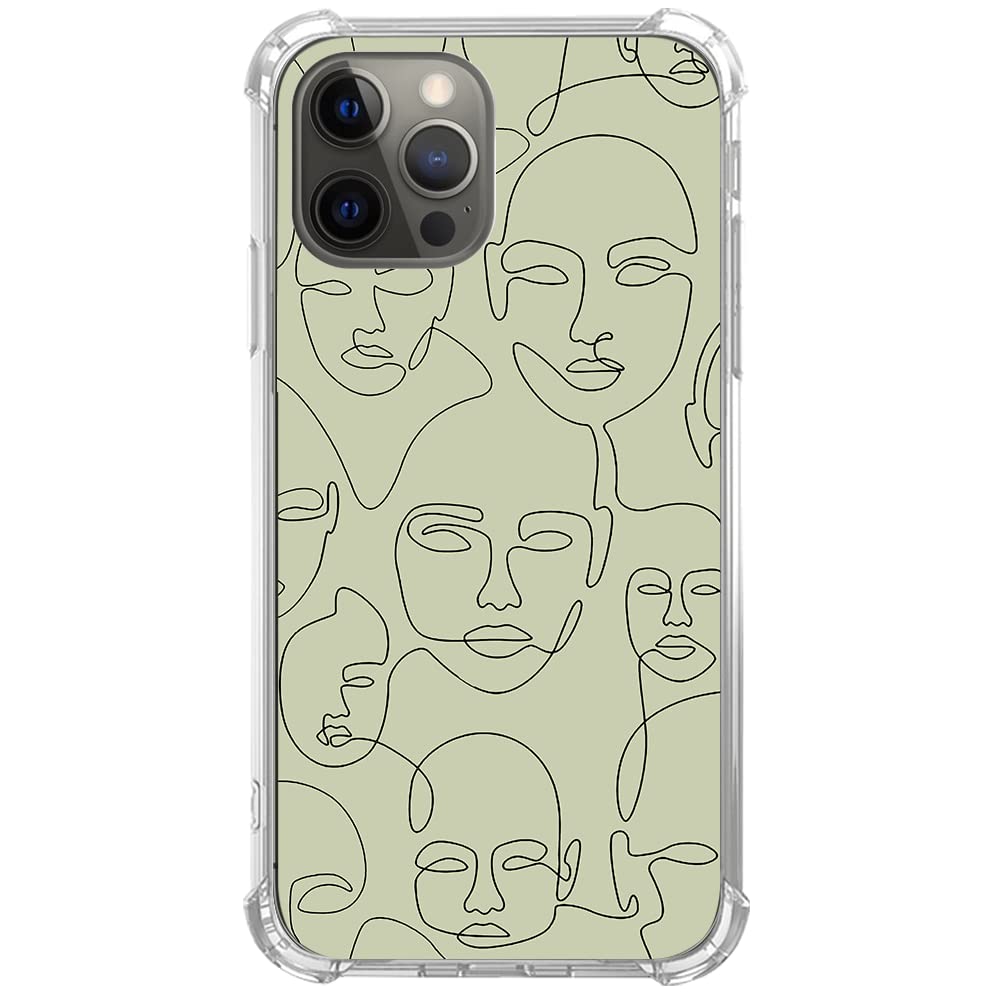 Widofvspky One Line Art Face Green Phone Case Compatible With Iphone 12/12 Pro, Abstract Face Line Drawing Minimalist Art Case F