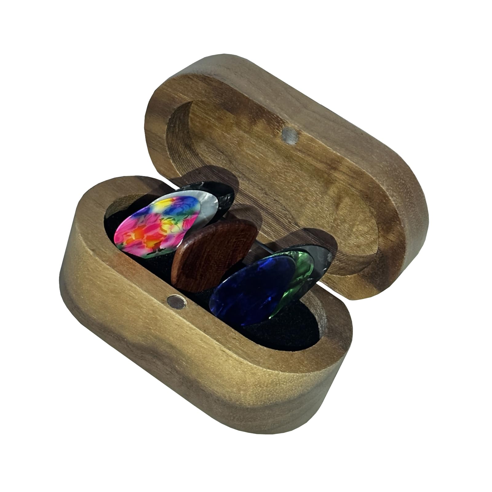 Mylywoo Walnut Guitar Pick Holder Set With 1 Rosewood Pick And 6 Celluloid Picks In 3 Thicknesses, Mini Jewelry Box, Brown Woode