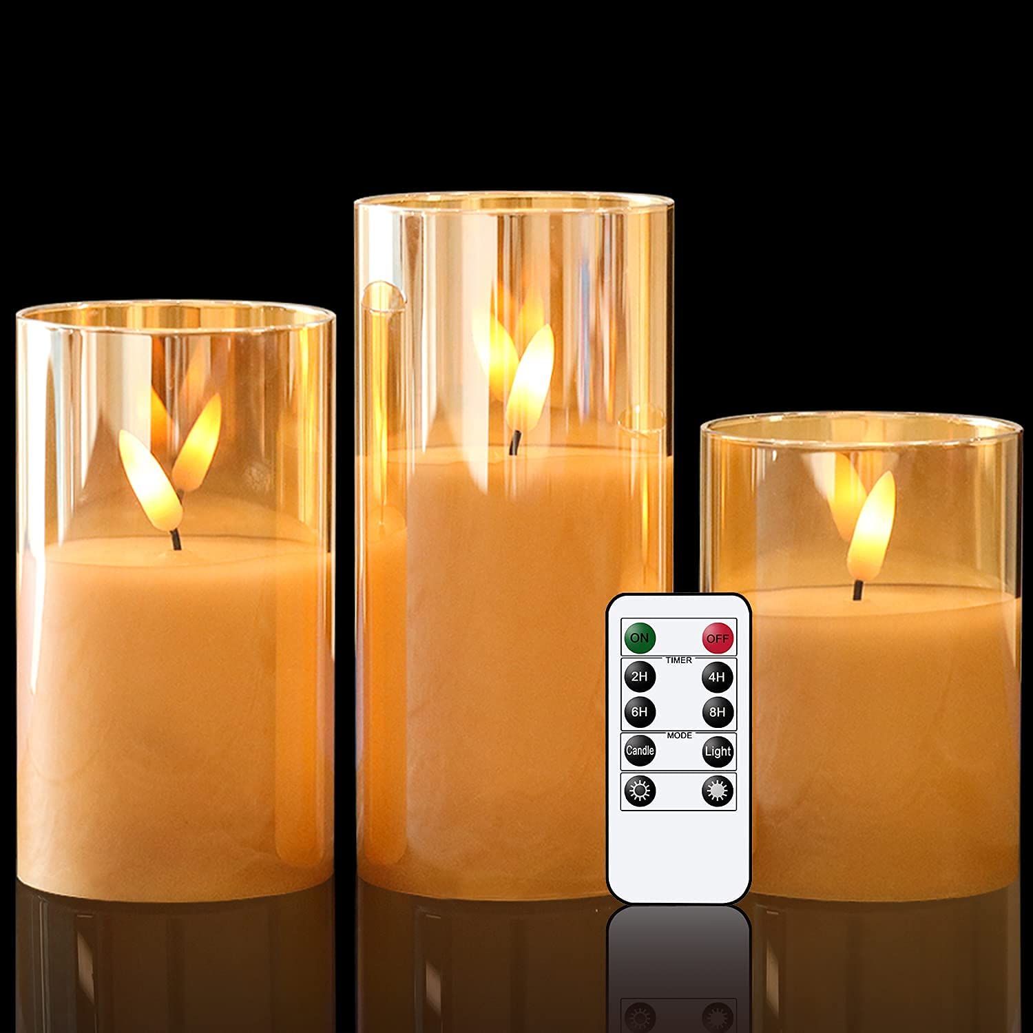 Genswin Glass Flameless Candles Battery Operated With Remote Timer, Led Flameless Flickering 3D Wick Pillar Candles Real Wax For