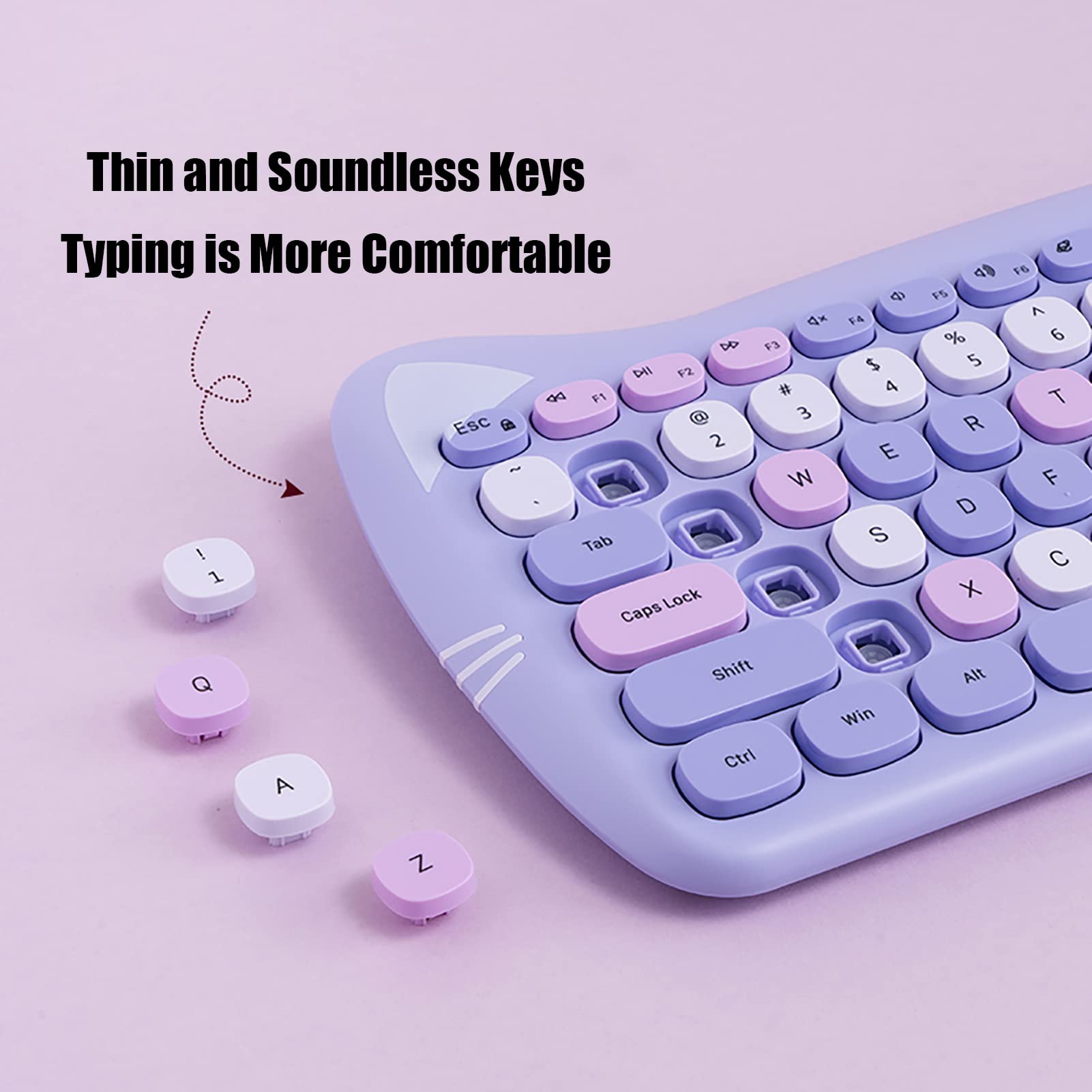 Cute Cat 2.4G Usb Wireless Keyboard And Mouse Combo, Silent Keys, Candy Colors, Compatible With Notebook, Pc (Purple 84Keys)