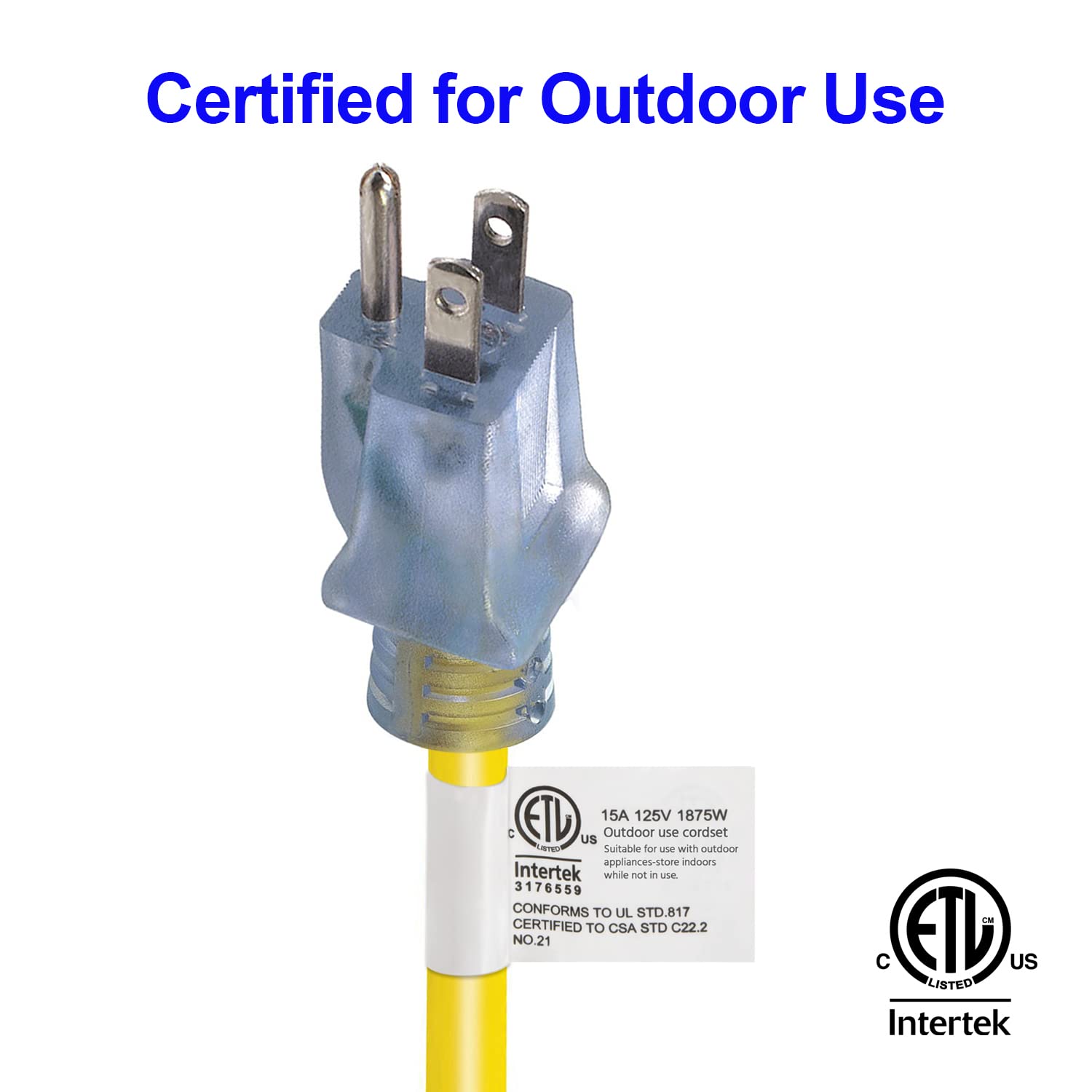 Clear Power 50 Ft 3 Outlet Heavy Duty Outdoor Extension Cord 12/3 Sjtow, Yellow, Water & Weather Resistant Flame Retardant, Powe