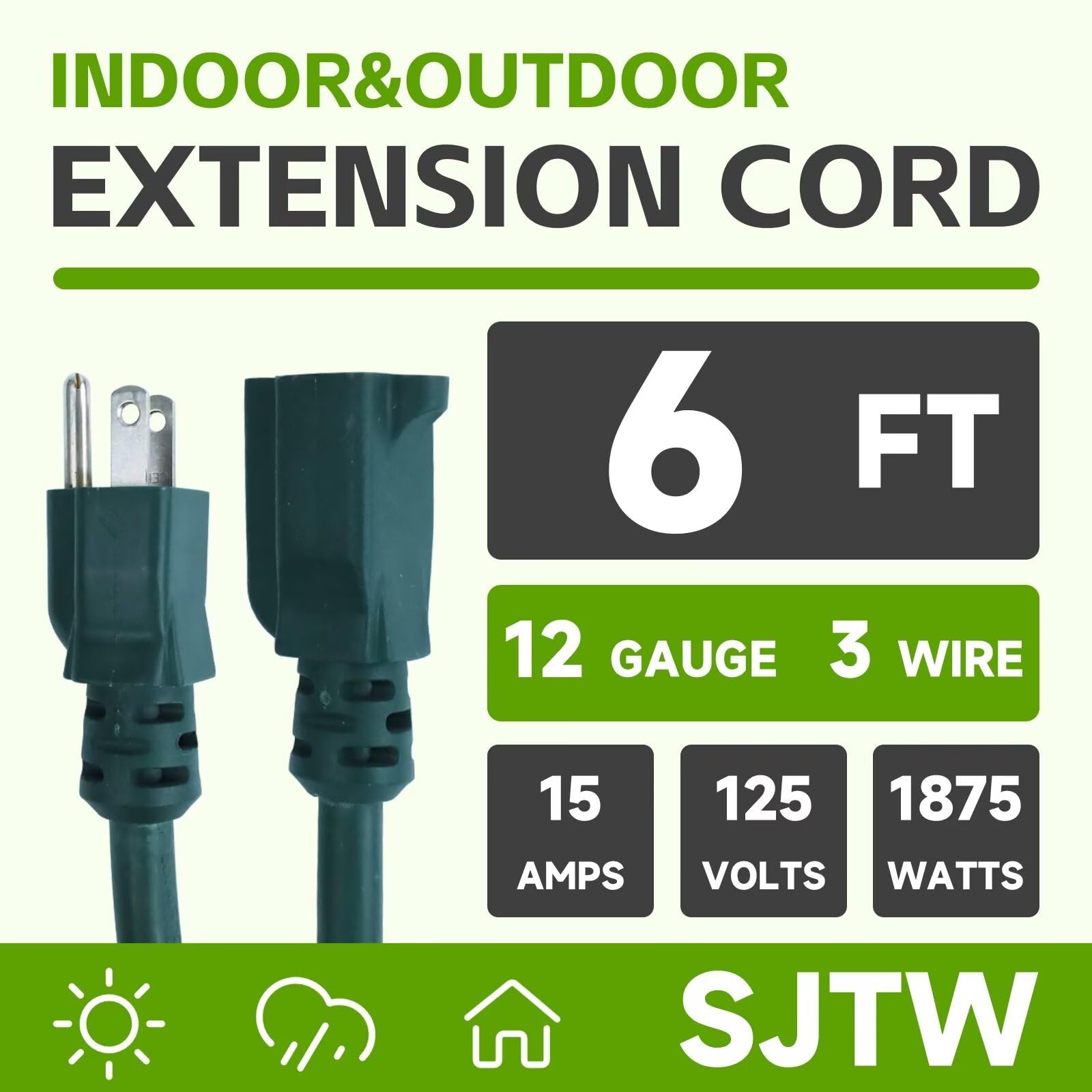 Ultra Explorer Green Indoor Extension Cord 6 Ft, 12/3 Sjtw Heavy Duty Green Extension Cable With 3 Prong Grounded Plug   Power C