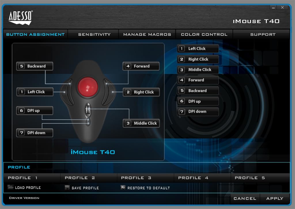 Adesso Imouse T40 Wireless Ergonomic Finger Trackball Mouse With Nano Usb Receiver, Programmable 7 Button Design, And 5 Level Dp