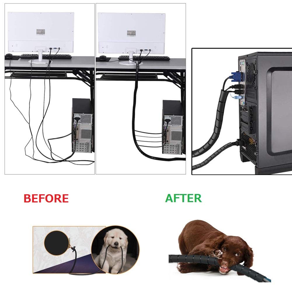 Viwieu Black Computer Cable Management Sleeves Value Pack, Large 1.1'' Pet Proof Cable Cover For Wires And 0.87'' Cord Organizer