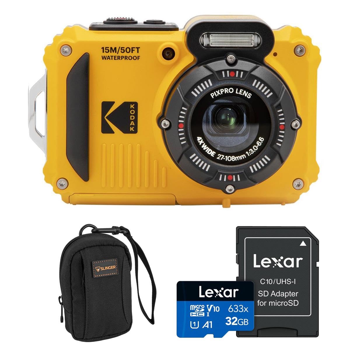 Kodak Pixpro Wpz2 16Mp Full Hd Waterproof Rugged Digital Camera, Yellow, Bundle With 32Gb Memory Card And Camera Bag