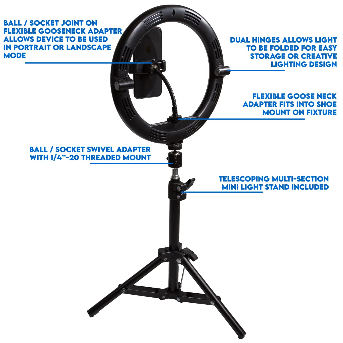 Dracast Halo Plus Series Led100 | 10'' Compact Foldable Dimmable Led Video Ring Light Kit With Phone Holder And Light Stand | Bi