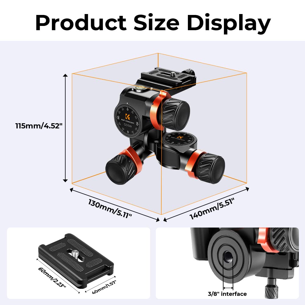 K&F Concept 3 Way Geared Tripod Head, Millimeter Micro Adjustment, Full Cnc Aluminum Alloy Tripod Head, Maximum Load Capacity Of 6Kg For Star Shooting, Commercial Photography, Etc.