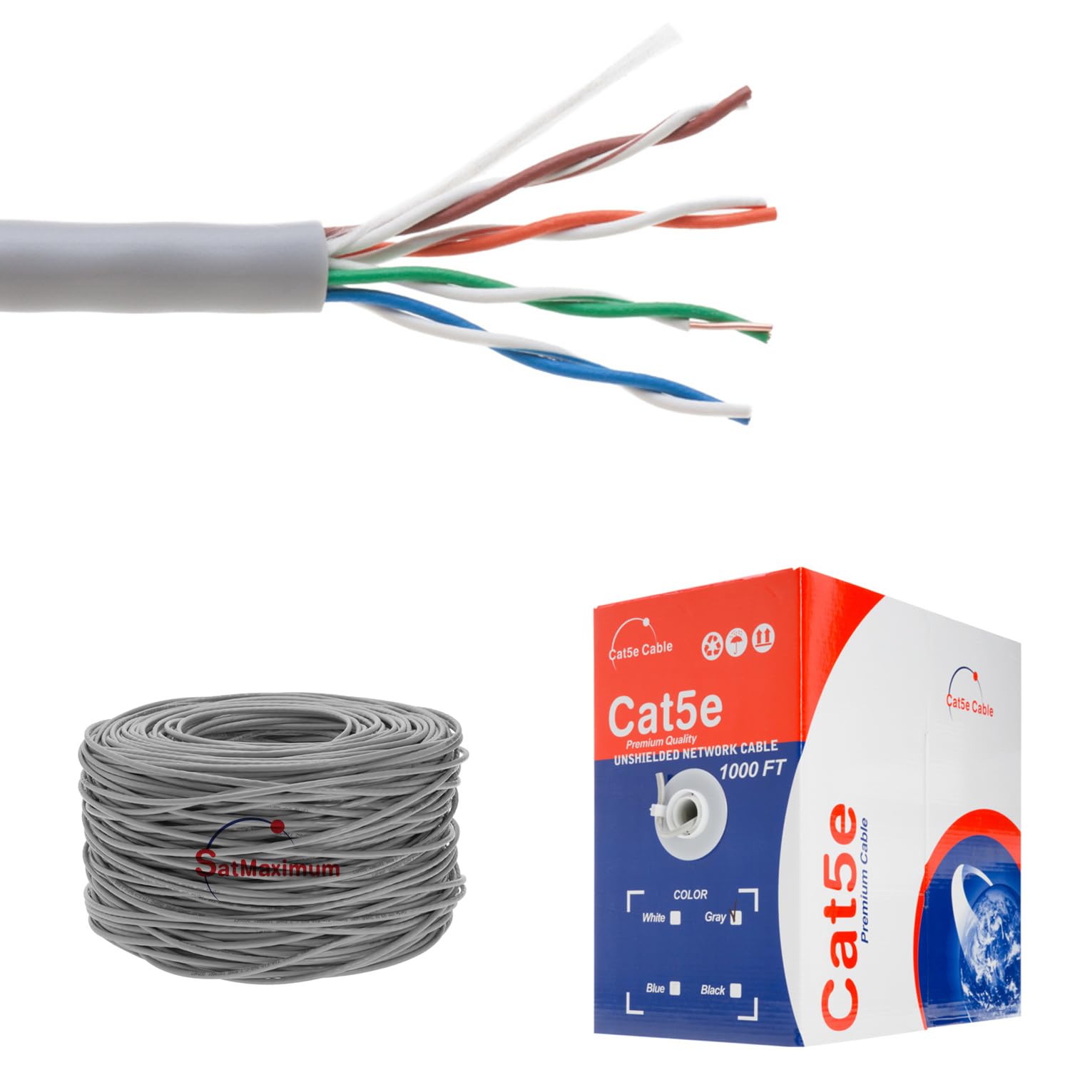 Satmaximum Cat5E Utp Bulk 24 Awg 1000Ft Ethernet Cable Gray