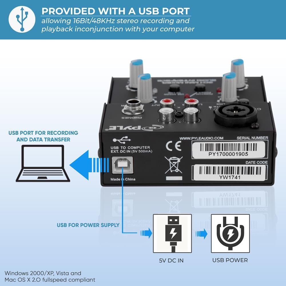 Pyle 2 Channel Audio Mixer   Dj Sound Controller Interface With Usb Soundcard For Pc Recording, Xlr And 3.5Mm Microphone Jack, 1