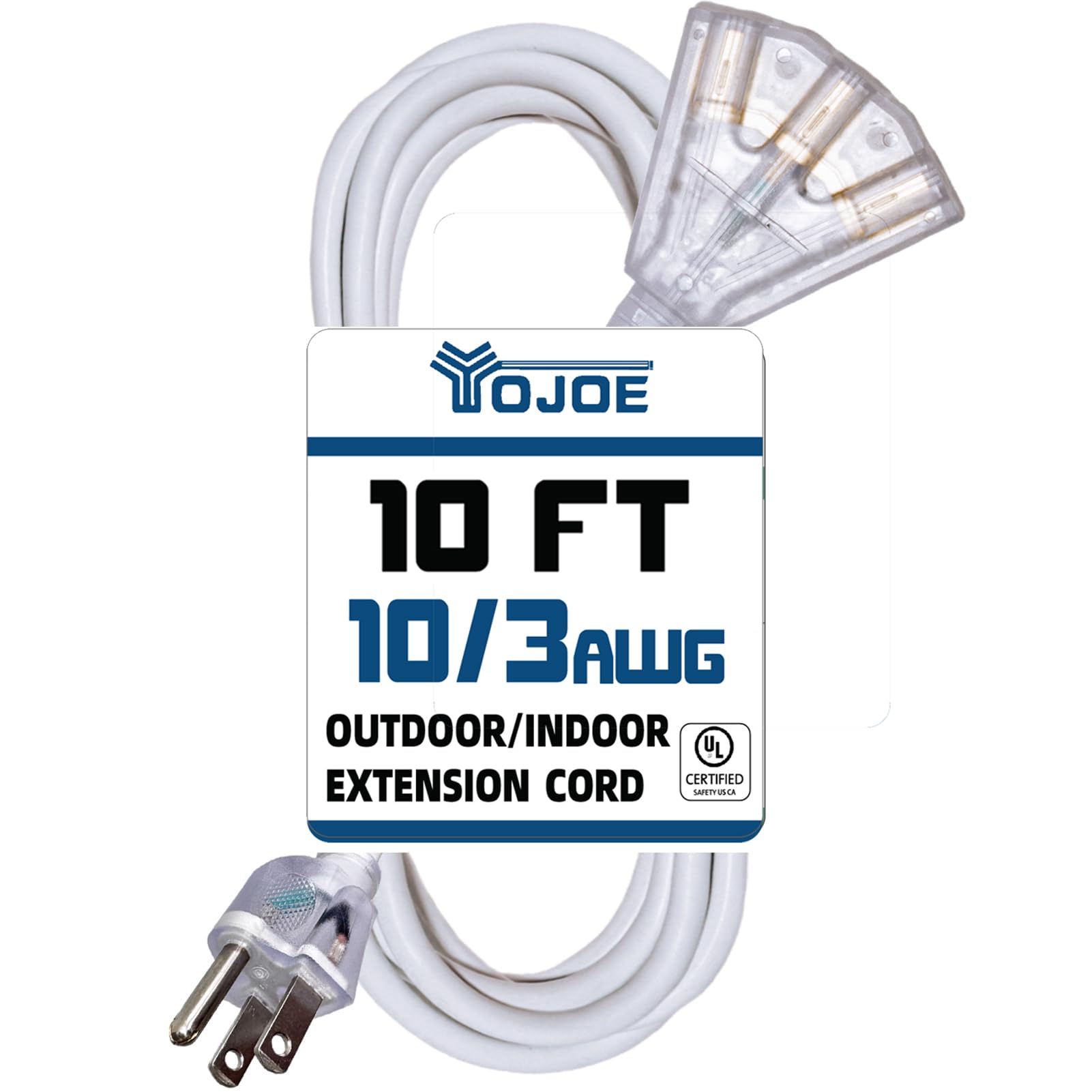 Yojoe 12Ft White 3 Outlet Indoor/Outdoor Extension Cord With Lighted End, 10 Gauge Sjtw Heavy Duty, 15A, 1875W, Ul Listed