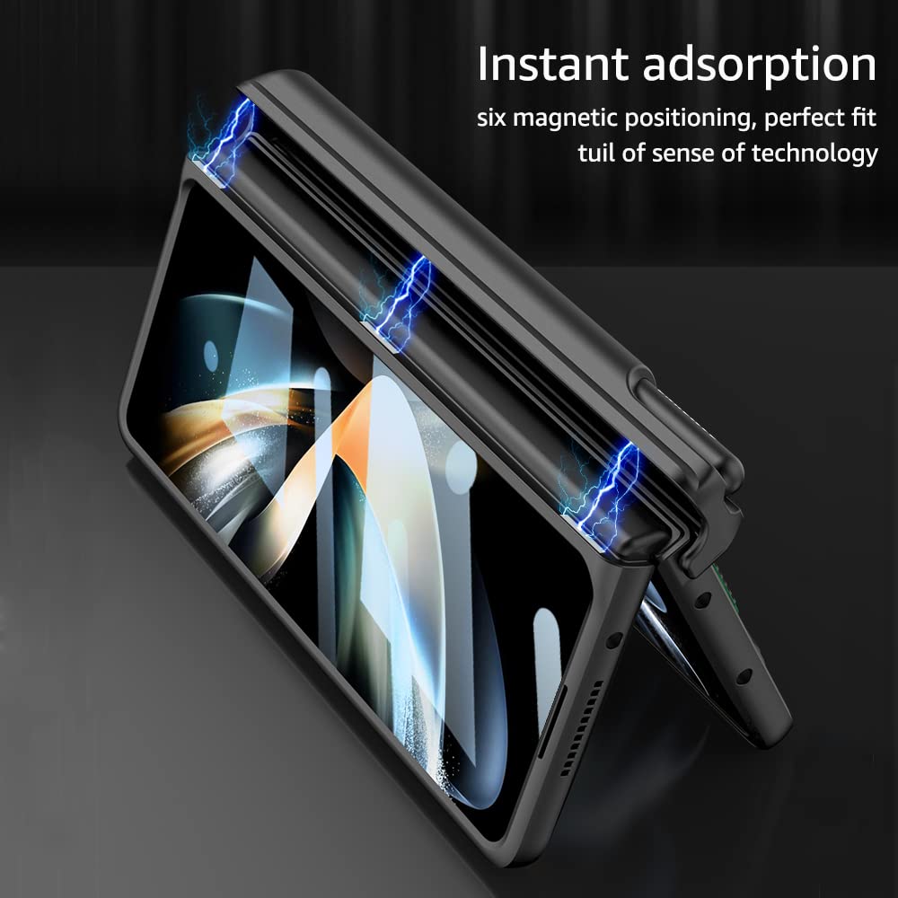 SOUTEM Samsung Galaxy Z Fold 3 5G Phone Case Magnetic Hinge S Pen Slot Screen Protector Wrist Strap PC Black