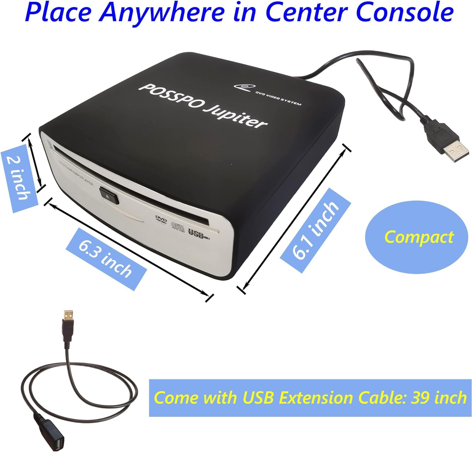 Posspo Jupiter Cd Dvd Player For Car With Usb Port Aux Port, Portable External Cd Player That Plugs Into Car Laptop Desktop Tv M