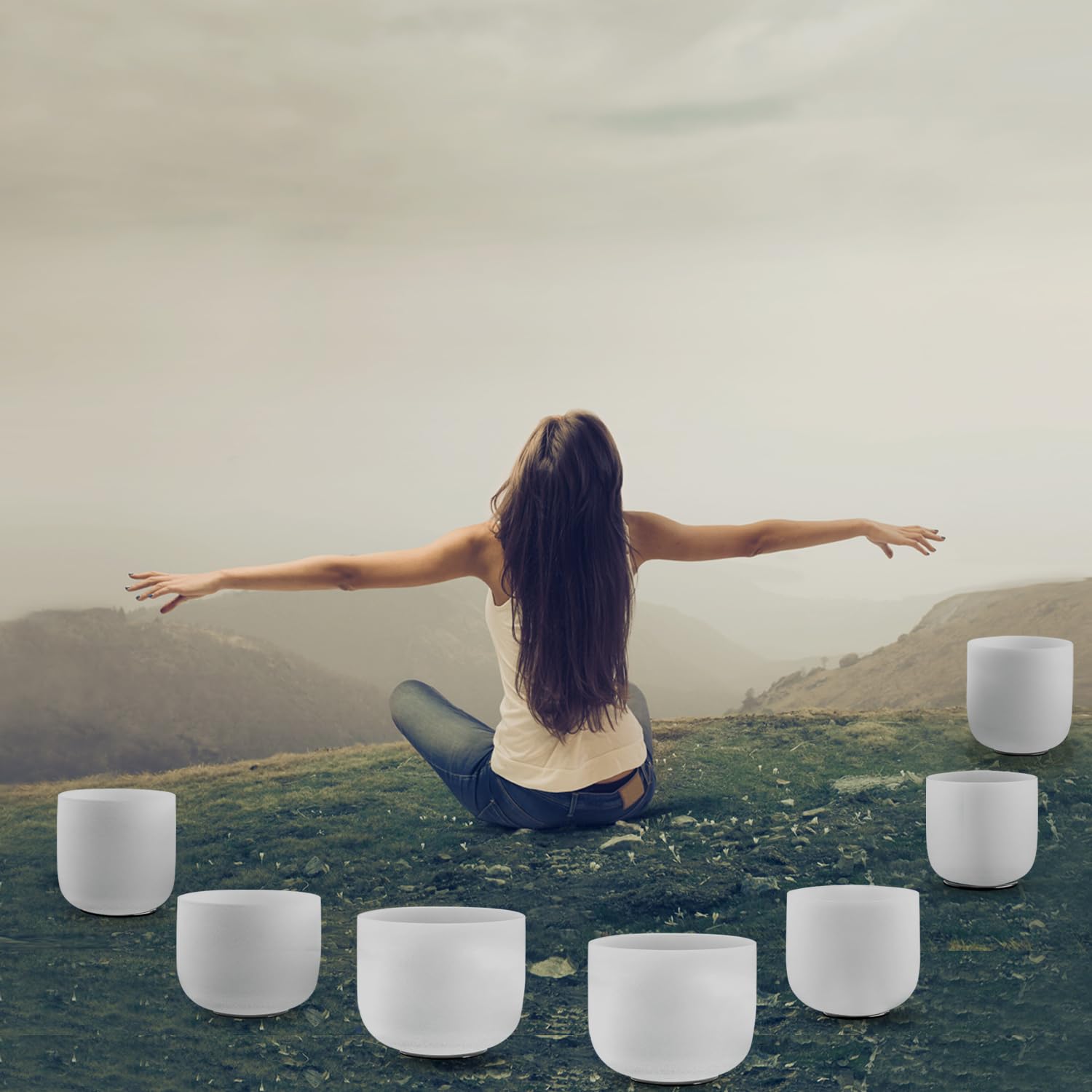 Kresec 7 Piece 7 12 Inch 440Hz Quartz Crystal Singing Bowl Set Chakra Tuned Sound Healing For Meditation Yoga Reiki, Includes Su