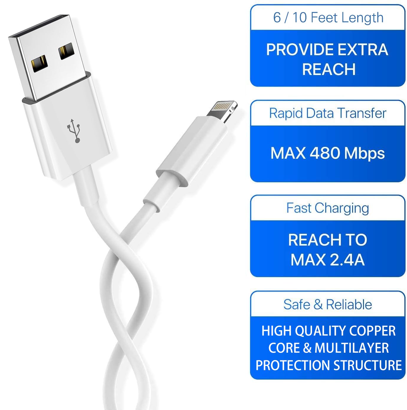 Iphone Charger Fast Charging [Apple Mfi Certified] 5Pack 6/6/6/10/10Ft Long Lightning Cable High Speed Data Sync Cord Compatible With 14/13/12/11 Pro Max/Xs Max/Xr/Xs/X/8/7/Plus/6S/6/Se/5S&More